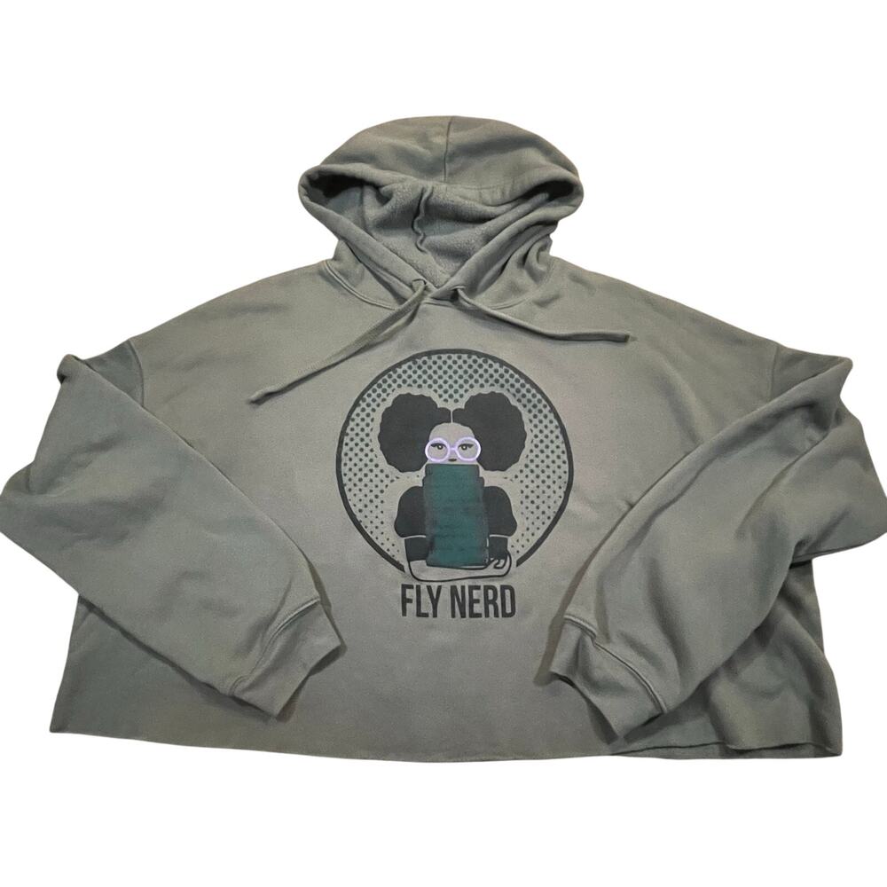 Fly Nerd Cropped Hoodie Women 2XL Green Oversized Book Worm Black Girl Book Nerd